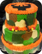 Camo Hunting Cake - This is all buttercream icing except for the Deer Head, Gun, & Shot Gun Shells those are made of Fondant.